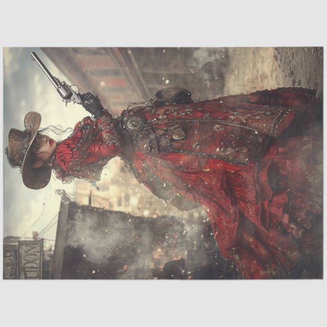 Decoupage Woman Gunslinger Red Ornate Dress  Tissue Paper (Front)