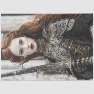 Decoupage Woman Red Hair Intricate Armor Sword Tissue Paper