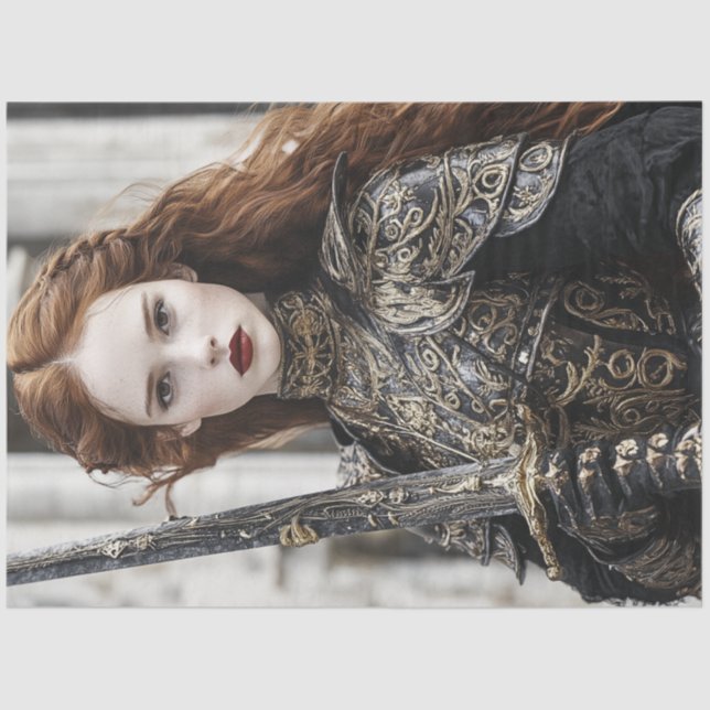 Decoupage Woman Red Hair Intricate Armour Sword Tissue Paper (Front)