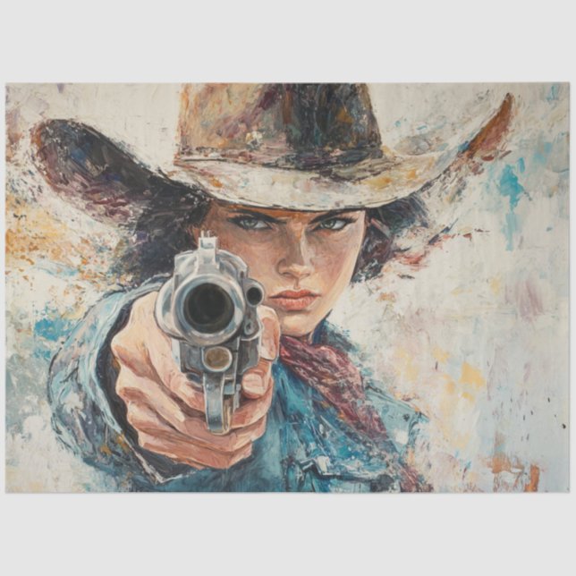 Decoupage Woman Sherriff Pistol Pointed a Robber Tissue Paper (Front)