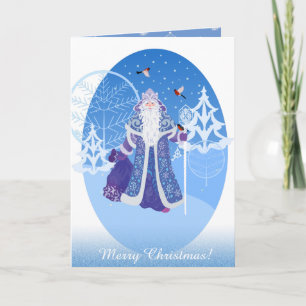 Ded Moros and birds in winter forest russian style Holiday Card