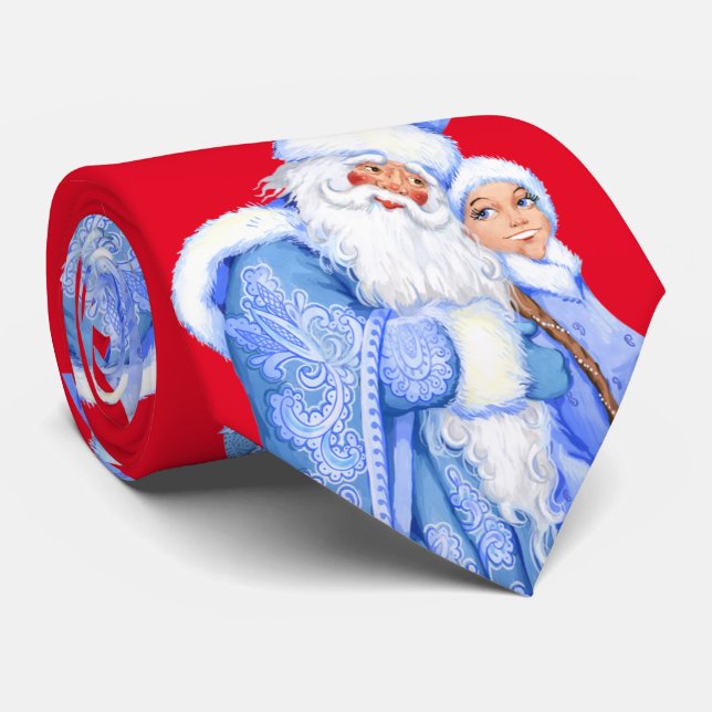 Ded Moroz + Snegurochka necktie - Christmas tie (Rolled)