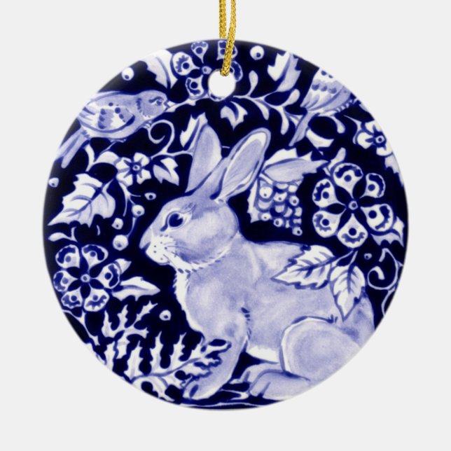 Dedham Blue Rabbit, Classic Blue & White Design Ceramic Tree Decoration (Front)