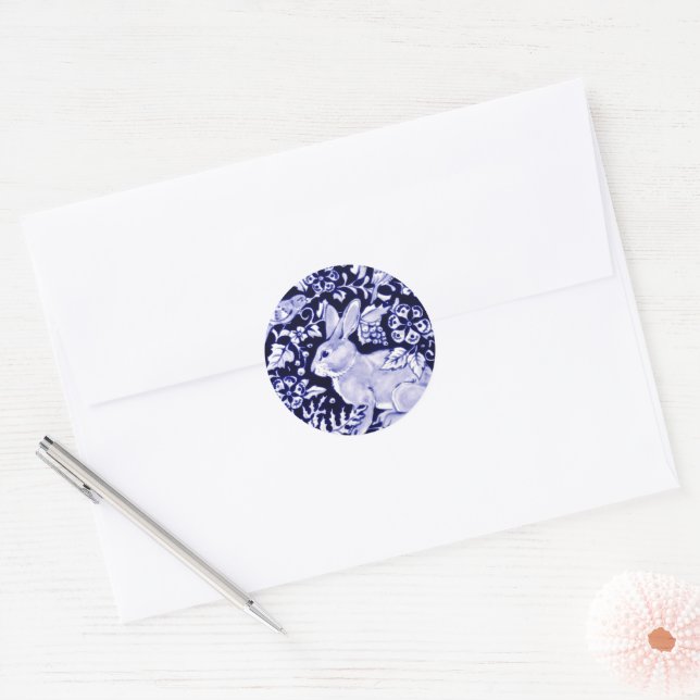 Dedham Blue Rabbit, Classic Blue & White Design Classic Round Sticker (Envelope)