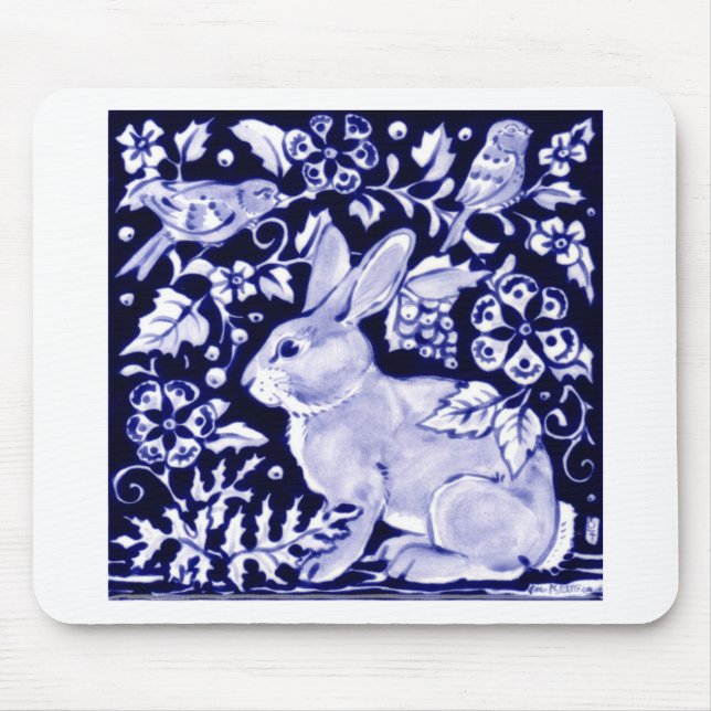Dedham Blue Rabbit, Classic Blue & White Design Mouse Mat (Front)