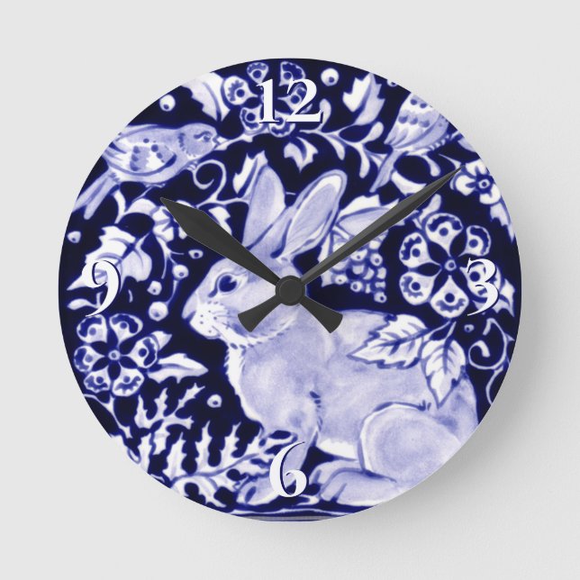 Dedham Blue Rabbit, Classic Blue & White Design Round Clock (Front)