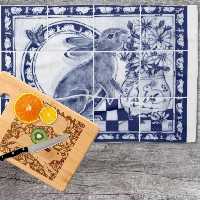 Dedham Blue White Cute Bunny Rabbit Rustic  Tea Towel (Creator Uploaded)