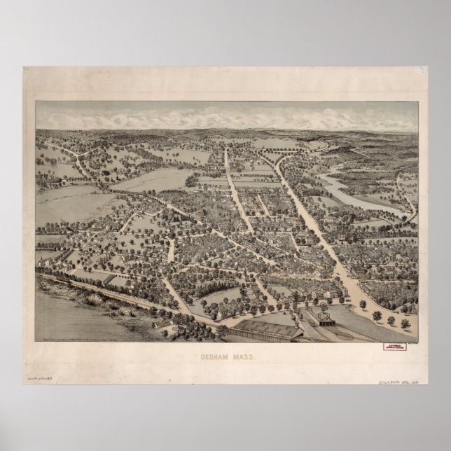 Dedham Massachusetts 1876 Antique Panoramic Map Poster (Front)