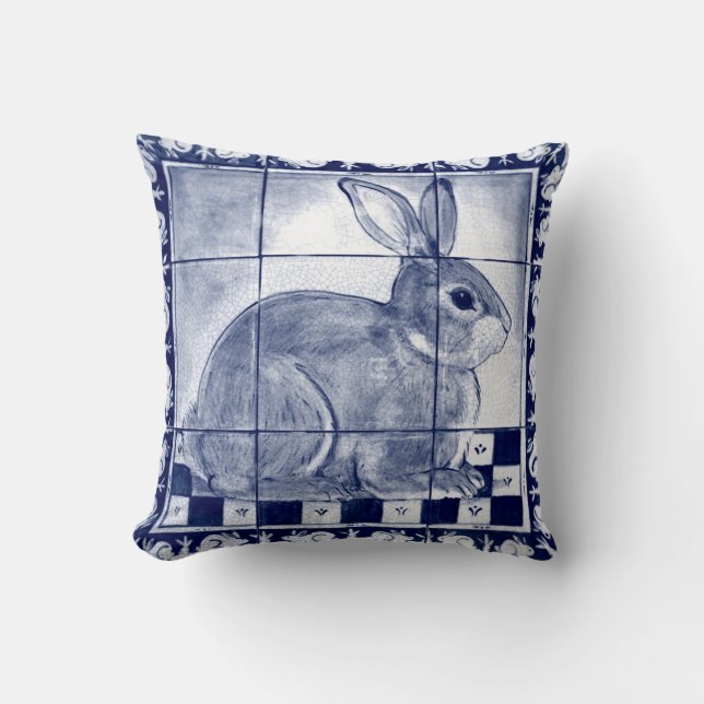 Dedham Rabbit Blue White Bunny Delft Tile Mural  Cushion (Front)