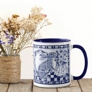 Dedham Rabbit Bunny Dark Blue White Cute Tile Art Mug