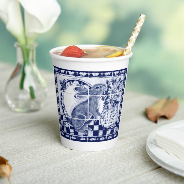 Dedham Rabbit Bunny Dark Blue White Cute Tile Art Paper Cups (Insitu)