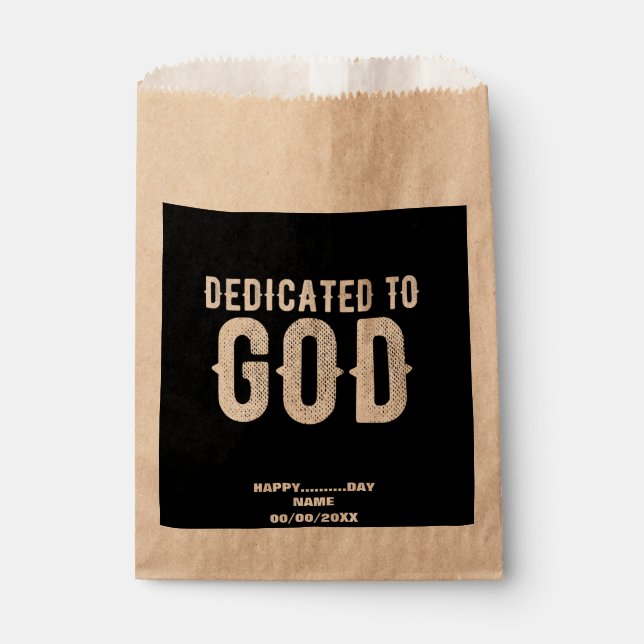 DEDICATED TO GOD COOL CUSTOMIZABLE WHITE  TEXT FAVOUR BAGS (Front)