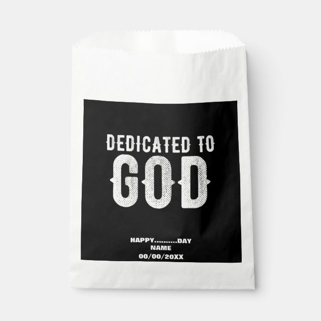 DEDICATED TO GOD COOL CUSTOMIZABLE WHITE  TEXT FAVOUR BAGS (Front)
