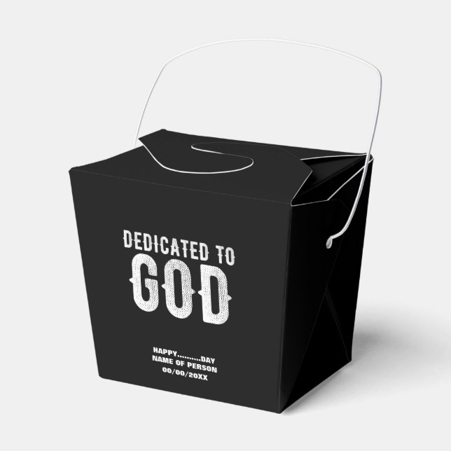 DEDICATED TO GOD COOL CUSTOMIZABLE WHITE  TEXT FAVOUR BOX (Front Side)