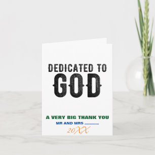DEDICATED TO GOD CUSTOMIZABLE COOL BLACK TEXT THANK YOU CARD