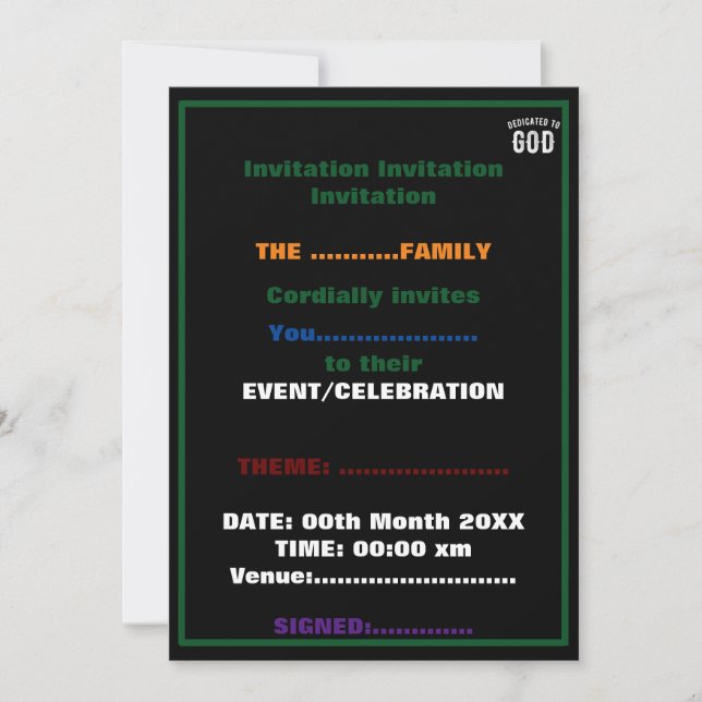 DEDICATED TO GOD CUSTOMIZABLE COOL WHITE TEXT INVITATION (Front)