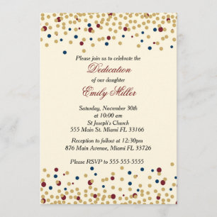 Dedication invitation confetti gold blue red