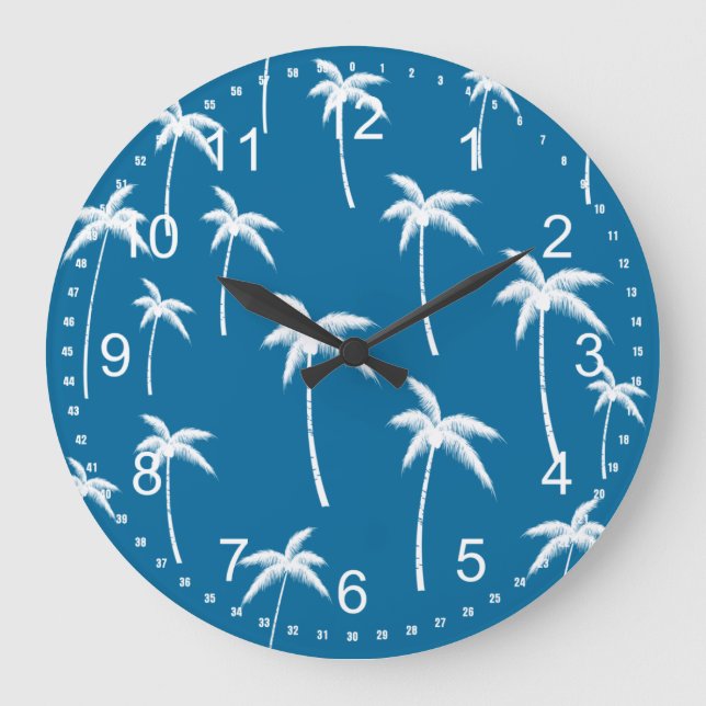 Deep Aqua and White Palm Trees Large Clock (Front)