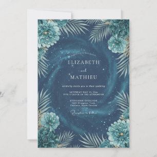 Deep Aqua Cosmic Eucalyptus Wedding Invitation