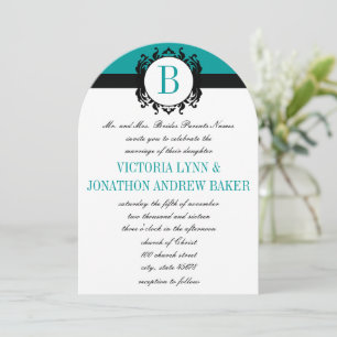 Deep Aqua Damask Monogram Wedding Invite