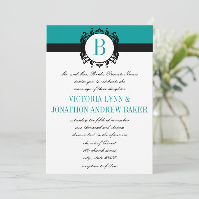 Deep Aqua Damask Monogram Wedding Invite (Standing Front)