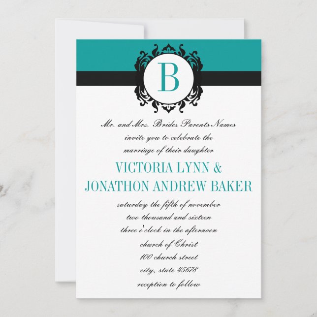 Deep Aqua Damask Monogram Wedding Invite (Front)