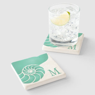 Deep Aqua Nautilus Shell with Monogram Stone Coaster