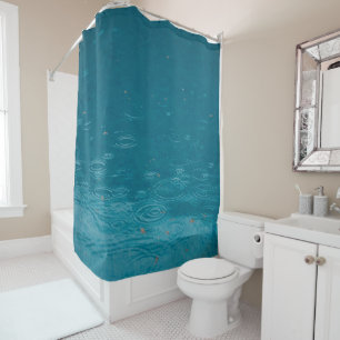 Deep Aqua Raindrops and Leaves Shower Curtain