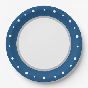 Deep Azure Blue Geometric White Polka Dots Paper Plate