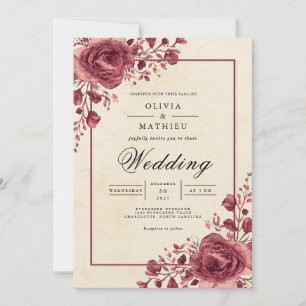 Deep Berry Floral Arch Romance Wedding Invitation