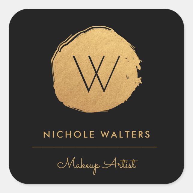Deep Black Faux Foil Gold Gold Monogram Business Square Sticker (Front)