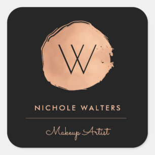 Deep Black Faux Foil Rose Gold Monogram Business Square Sticker