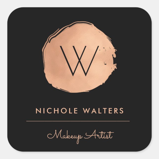 Deep Black Faux Foil Rose Gold Monogram Business Square Sticker (Front)