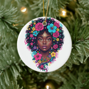 Deep Black Woman W/ Bright Flower Adorned Afro Ceramic Tree Decoration