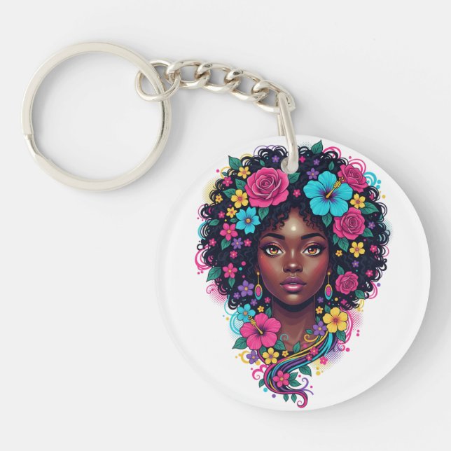Deep Black Woman W/ Bright Flower Adorned Afro Key Ring (Front)