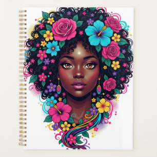 Deep Black Woman W/ Bright Flower Adorned Afro Planner