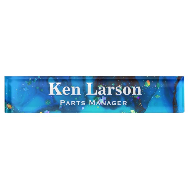 Deep Blue Alcohol Ink Desk Nameplate (Front)