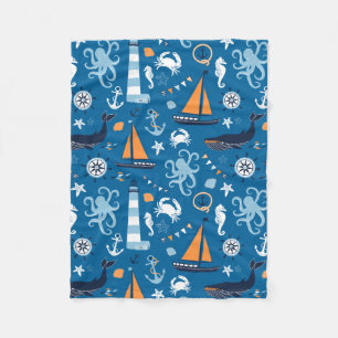 Deep Blue All Things Nautical Fleece Blanket