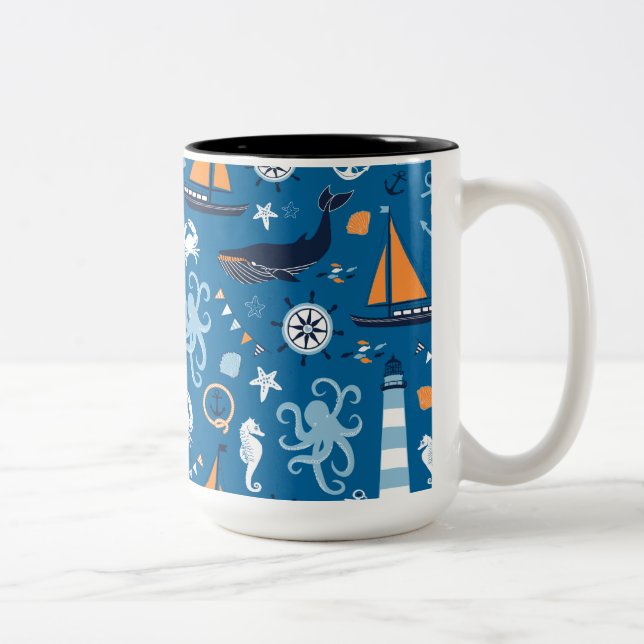 Deep Blue All Things Nautical Two-Tone Coffee Mug (Right)