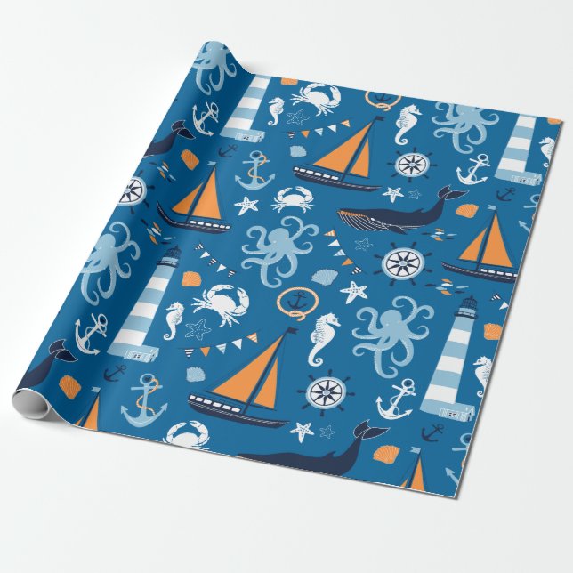Deep Blue All Things Nautical Wrapping Paper (Unrolled)