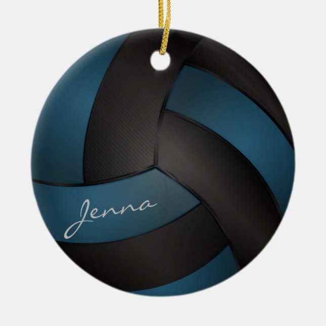 Deep Blue and Black Personalise Volleyball Ceramic Tree Decoration (Front)