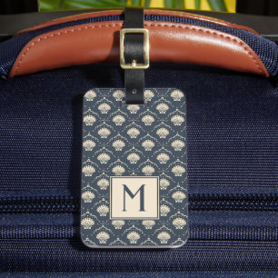 Deep Blue and Cream Seashell Pattern Monogram Luggage Tag