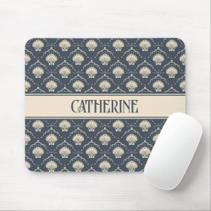 Deep Blue and Cream Seashell Pattern Personalised Mouse Mat