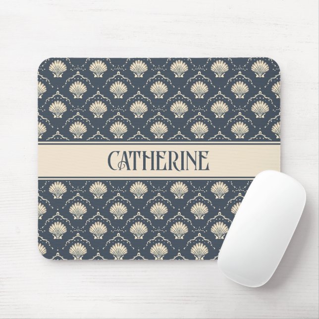 Deep Blue and Cream Seashell Pattern Personalised Mouse Mat (With Mouse)