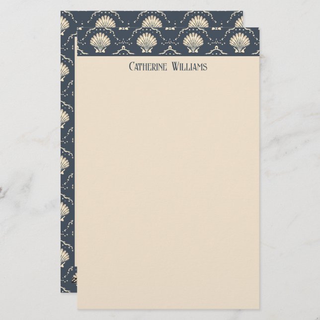Deep Blue and Cream Seashell Pattern Personalised Stationery (Front/Back)