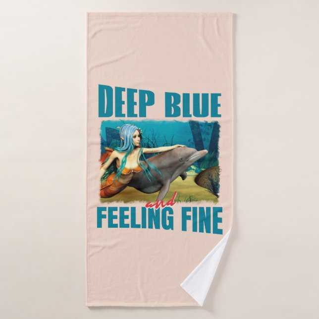 Deep Blue and Feeling Fine Mermaid Dolphin Art Bath Towel (Bath Towel)