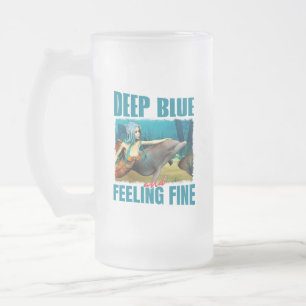 Deep Blue and Feeling Fine Mermaid Dolphin Art Frosted Glass Beer Mug
