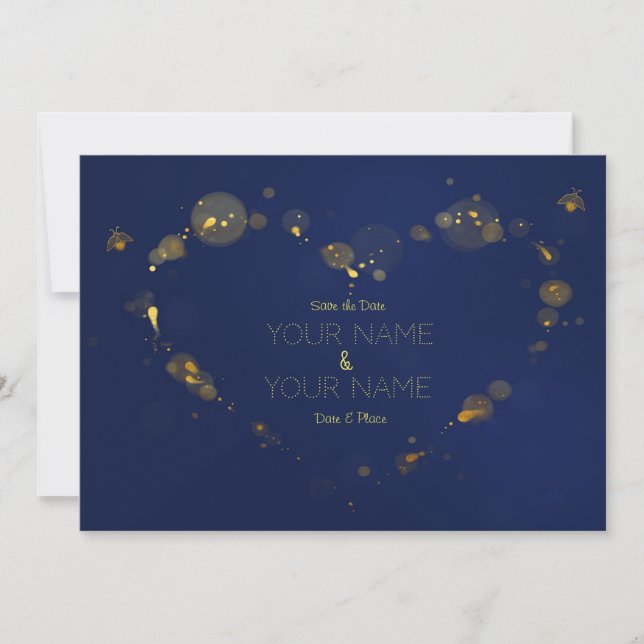Deep blue and gold firefly Save the Date (Front)