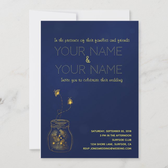 Deep blue and gold  firefly Wedding Invitation (Front)
