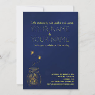 Deep blue and gold  firefly Wedding Invitation